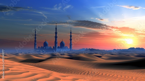 Majestic mosque at sunset in a vast desert landscape.