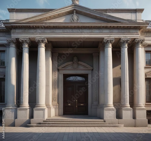 Classical-inspired facade featuring a central portico, gabled roof, portico, pediment