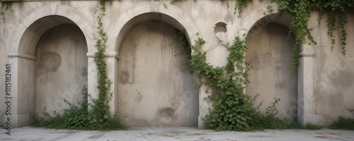 Abandoned and ruined cement wall with arched niches and vines, abandonment, overgrowth