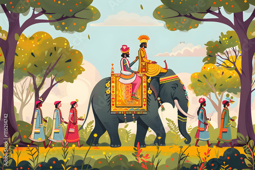 A colorful illustration of an Indian king riding on the back of an elephant with his courtiers in traditional costumes, walking through nature. The scene is set outdoors under trees and sky