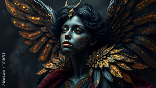 Portrait of dark angel in black and golden paint