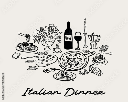 Whimsical hand drawn, quirky style dinner table wedding invitation, restaurant, italian dinner vector