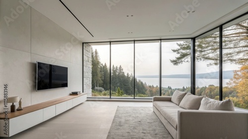 A minimalist living room showcasing an oversized window with immaculate weatherproofing seals creating a seamless integration into the wall design.