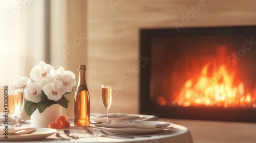 Cozy Indoor Setting with a Warm Fireplace, Elegant Table, Wine, and a Beautiful Flower Arrangement