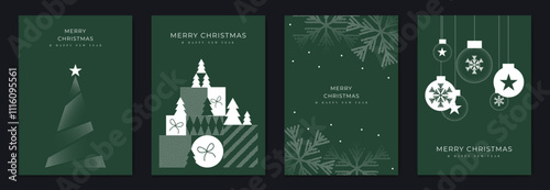 Merry Christmas and Happy New Year greeting card vector set. Luxury invitation with Christmas tree, bauble, gift, spot texture on green background. Design illustration for season's card, ads.