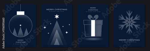 Merry Christmas and Happy New Year greeting card vector set. Luxury invitation with Christmas tree, bauble, snowflake, spot texture on navy blue background. Design illustration for season's card, ads.