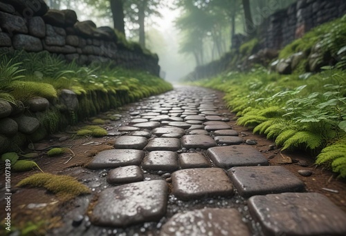 Weathered cobblestone road with moss and ferns on either side, moss, overgrowth