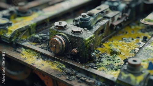 close up of weathered rail tracks covered in grease and grime showcasing industrial textures and machinery details