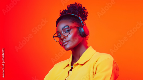 Fashion-Forward Woman with Headphones: Grooving to Beats Under Red Neon Lights A pretty woman wearing headphones sits in a sleek studio, enjoying the beats of her music as vibrant