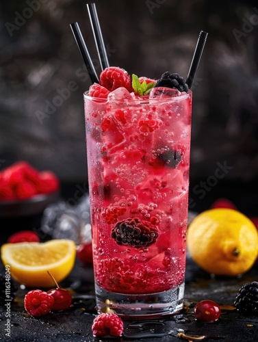 Glass of sparkling berry drink, served with lemon and berries garnish