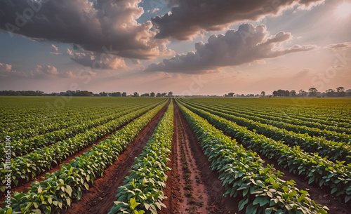 Field of green plants with a few clouds in the sky. The sky is mostly cloudy. The plants are in rows