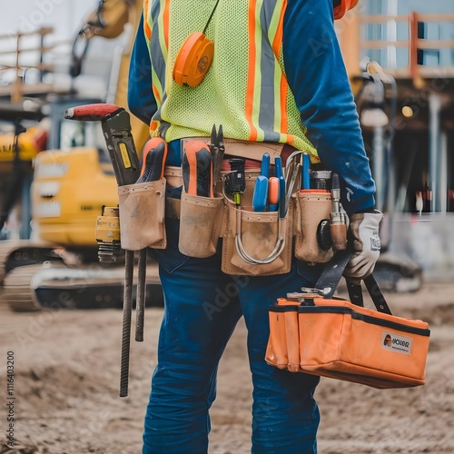 A person stands on a construction site with various heavy-duty tools attached