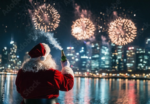 Santa unwinding with a cigar and champagne as the new year arrives