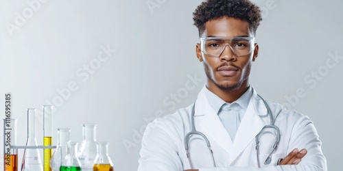 diversity in stem, an african american scientist in a contemporary chemistry lab on the right side, leaving space for text on the left