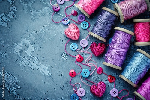 A bunch of colorful buttons and thread are arranged on a table