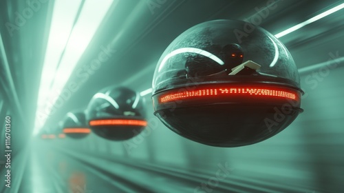 High-tech futuristic pods race through a glowing neon-lit tunnel, creating a dynamic scene that suggests speed, innovation, and advanced technological progress.