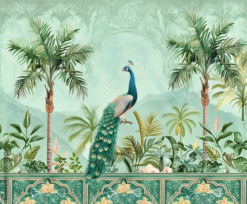 Mughal art style illustration of exotic plants, palm trees and peacock in an orientalist background with arabesque patterns and ornamental border frame,