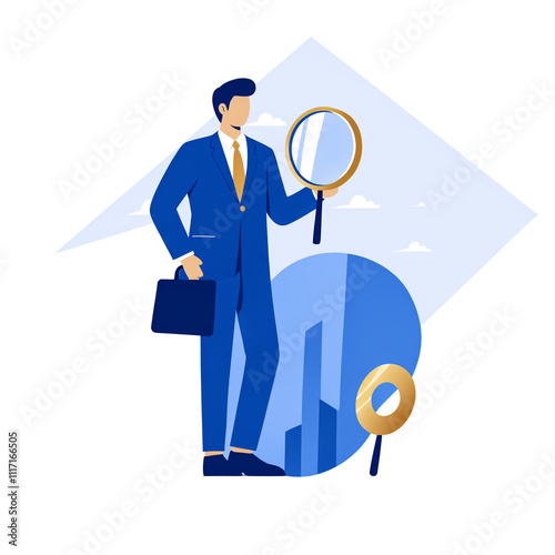 Businessman with magnifier investigating risks, root causes, and critical failures, highlighting incident management and problem-solving with an exclamation sign.