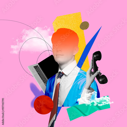 Conceptual illustration of businessman with telephone and laptop, representing communication and technology in modern business. Contemporary art collage. Concept of business, creativity, fantasy