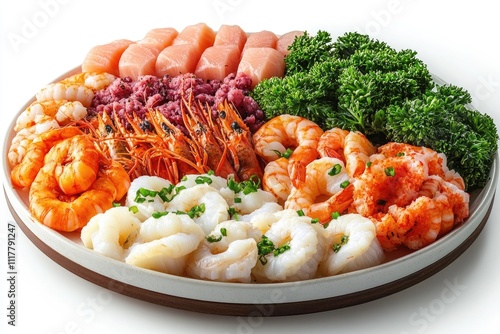 Fresh seafood platter with shrimp, broccoli, and other accompaniments