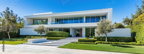 Maison de luxe spacieuse et moderne de couleur blanche avec des grandes fenêtres, un toit plat. Architecture contemporaine élégante sur fond de verdure et de soleil.