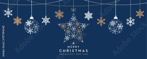 christmas greeting card with hanging snowflake decoration vector illustration