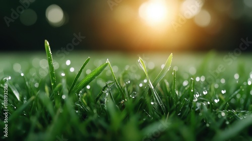 Close-up view of dew-covered grass blades glistening under the warm glow of sunlight, creating a serene and refreshing morning ambiance full of natural beauty.