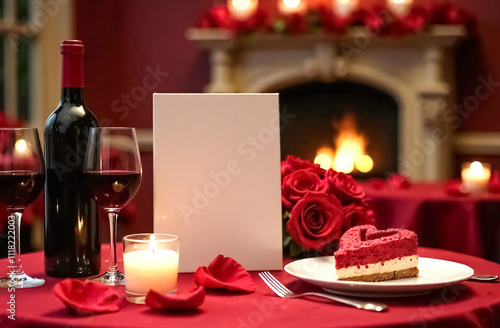 Romantic Dinner with Red Wine and blank wine card, menu card mockup