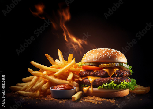 Hamburguer saboroso com uma grande porção de fritas e um molho especial com uma chama ao fundo