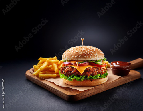 Um hamburguer saboroso com uma porção de fritas e molho especial em cima de uma tábua de madeira 