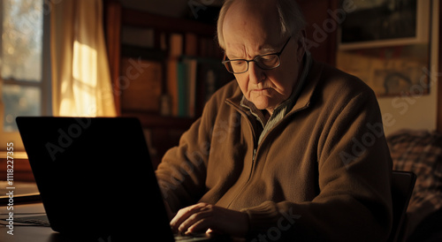 Um homem mais velho usando óculos parece profundamente focado na tela de seu laptop, sentado em uma sala bem iluminada que cria uma atmosfera aconchegante e contemplativa