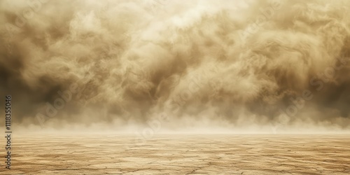 A barren desert landscape with a wall of sand and dust moving across, creating a dramatic sandstorm effect.