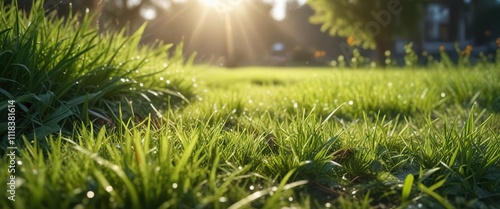 A newly cut lawn with morning dew and sunlight creating a sense of freshness in the natural world, landscape, selective focus