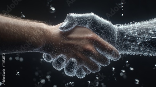 Two hands, one belonging to a digital robot and the other to a human, are shaking, with radiant data connections linking them, representing how technology bridges people across different boundaries.