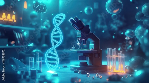 A futuristic lab scene with a glowing microscope, test tubes, and DNA helix in blue light, surrounded by molecular structures.