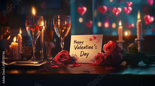 Urocze nakrycie stołu z różami, świecami i kartką "Happy Valentine's Day".Urocze nakrycie stołu z różami, świecami i kartką "Happy Valentine's Day".