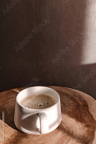 Coffee cup on a wooden table illuminated by warm sunlight, color of the year 2025 mocha mousse