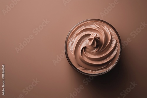 Top view of mocha mousse dessert, soft brown background. Color trend concept, tasty banner with place for text