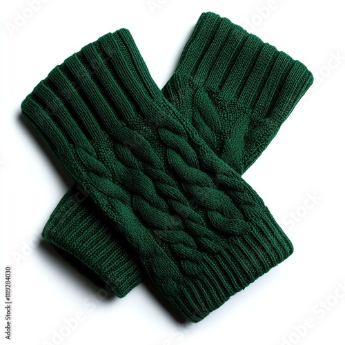 Green knitted arm warmers on a white isolated background.