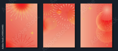 Chinese New Year 2025 greeting card background vector. Collection of greeting card with firework. Elegant oriental illustration for cover, poster, red envelope, calendar.