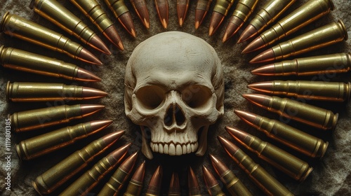 Circle of bullets surrounding a clay skull on textured background emphasizing military themes and contrasting elements of life and death