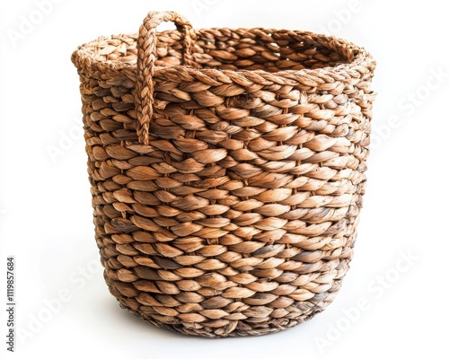 Woven basket with handle on a white isolated background.