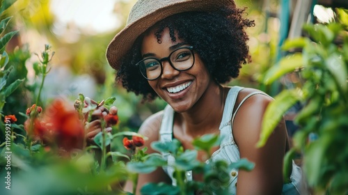 A person candidly smiling while engaging in a hobby they love, such as painting or gardening, showcasing genuine joy and authenticity.