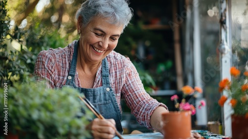 A person candidly smiling while engaging in a hobby they love, such as painting or gardening, showcasing genuine joy and authenticity.