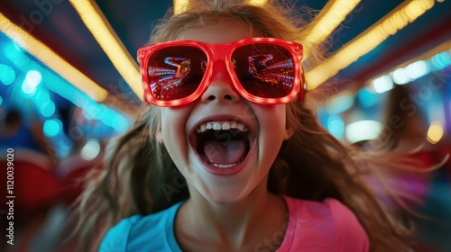 A young girl with blonde hair and red sunglasses basks in the joy and excitement of a colorful amusement ride, her smile glowing brightly amidst the vivid lights.