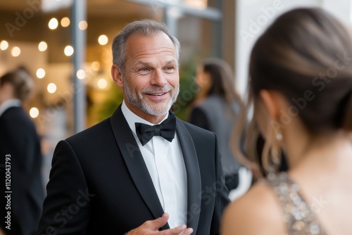 A joyful older gentleman in a classic tuxedo shares a delightful smile while engaging with guests, embodying warmth and connection in a lively social atmosphere.