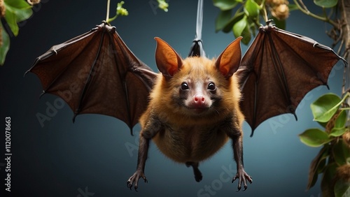 A fruit bat hanging upside down with its wings spread wide, showcasing its unique and delicate structure. The bat's dark fur contrasts with its translucent, membranous wings, which fan out in an elega