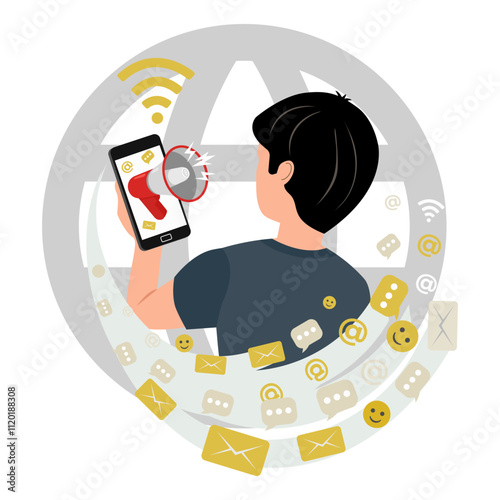 Influence marketing. Vector illustration of a man holding a mobile phone in his hand. An advertisement is broadcast over the phone from a megaphone. Distribution of advertisements via the Internet .