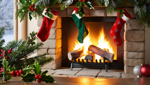 A warm and inviting Christmas fireplace hearth illuminated by a crackling fire, adorned with stockings, garlands of pine and holly, and glowing fairy lights, with a softly lit room creating a cozy hol