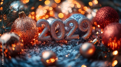 2029 in sparkling silver letters surrounded by New Year's decorations like gold ingots and red lanterns. Generative AI